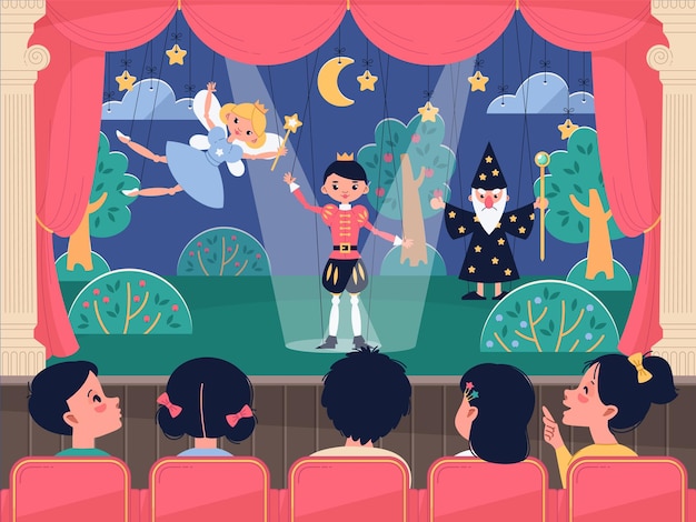 children watch puppet show happy kids in auditorium at theatrical performance young audience fabulous puppets on stage entertainment show for kids cartoon isolated vector concept
