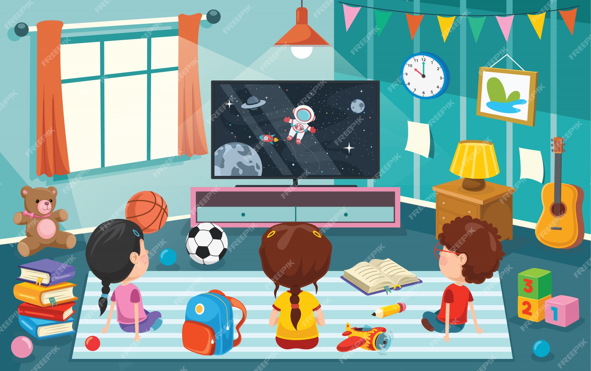Premium Vector | Children watching television in a room Premium Vector | Children watching television in a room