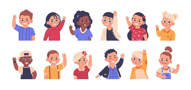 Vector children waving cartoon elementary school kids smiling and showing goodbye or welcome gesture cute child portraits vector boys and girls in flat style characters isolated collection