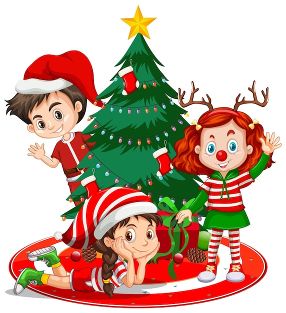 子供たちは白い背景の上のクリスマスツリーとクリスマス衣装漫画のキャラクターを着ます