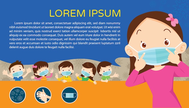 Vettore i bambini indossano una maschera medica con copia spazio per banner