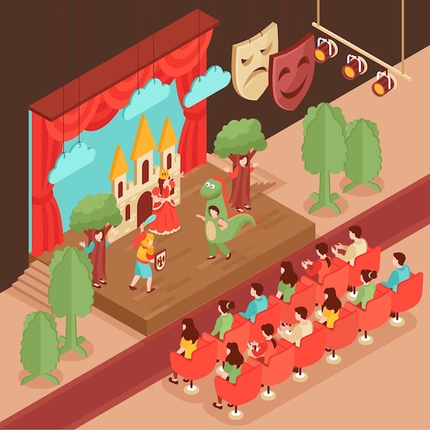벡터 청중 3d 아이소메트릭 그림 앞에서 무대에서 연기하는 용의 기사 공주 나무 의상을 입은 아이들
