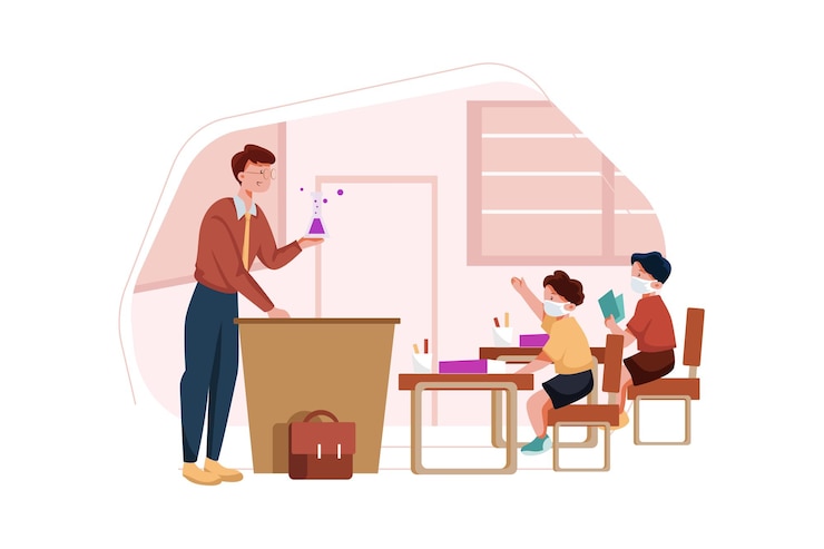 Vector children wearing mask learning in class