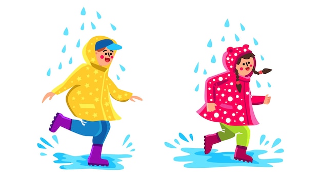 Vector children wearing raincoat walking puddles