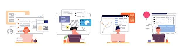 子供の web 開発コンピューターとラップトップのプログラミングとコーディングのかわいい子供たちインフォマティクス レッスン ベクトル文字