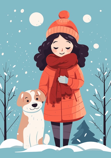 Children in winter with pet