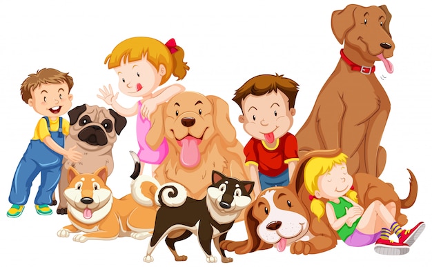 Vector children with animals on isolated background