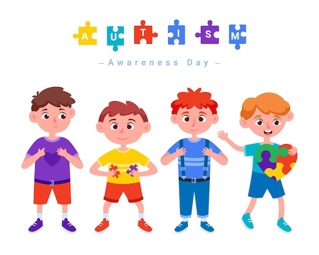 Vector children with autism awareness day text on a white background