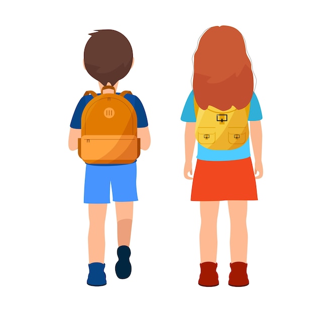 Vector children with backpack back view.  schoolboy and schoolgirl with bags isolated on white backgroud