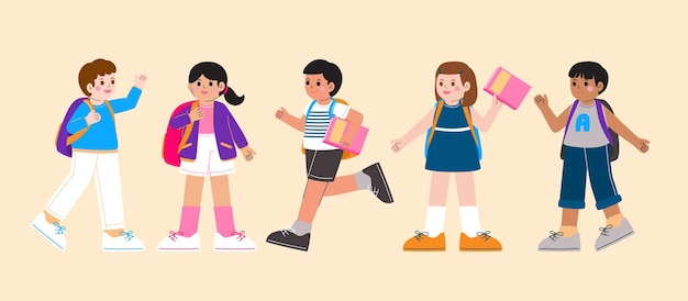 Children With Bag And Book Go To School Learning And Playing Vector Illustration