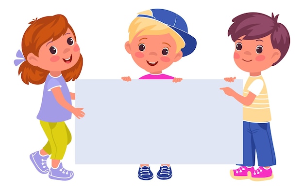 Vector children with banner pretty little boys and girls hold blank surface happy activists showing rectangular billboard preschool kids standing with empty placard vector illustration