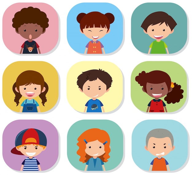 Vector children with different emotions on their faces