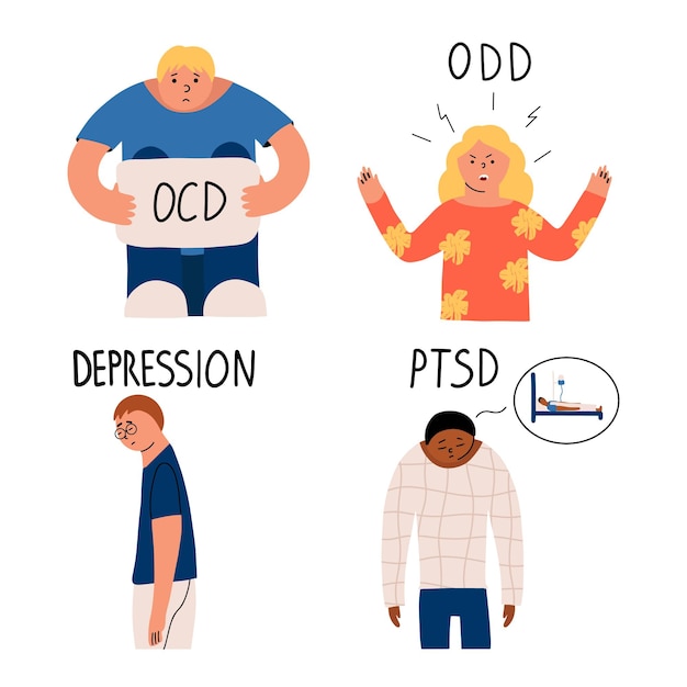 Vector children with different mental health problems depression obsessivecompulsive disorder