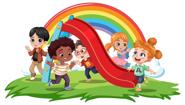 Vector children with different race playing at the playground slide