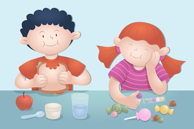 Vector children with good and bad nutrition vector characters