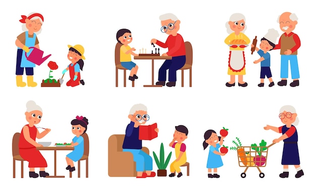 Children with grandparents Cartoon grandparent spend time with grandchildren Cute grandson and granny elderly people family decent vector set