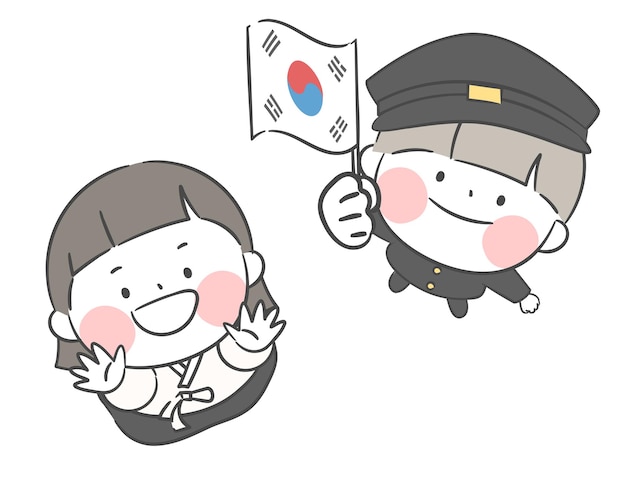 ベクトル 韓国国旗を掲げている子供たちトップビュー