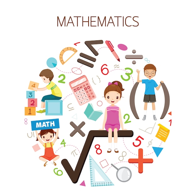 ベクトル 数学の数式、数およびアイコンを持つ子供、学校に戻る学生