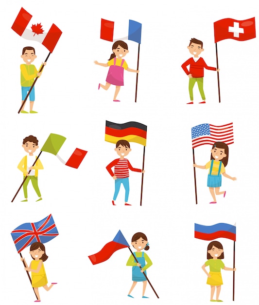 Bambini con bandiere nazionali di diversi paesi, elementi di festa per il giorno dell'indipendenza, illustrazioni di giorno della bandiera su uno sfondo bianco