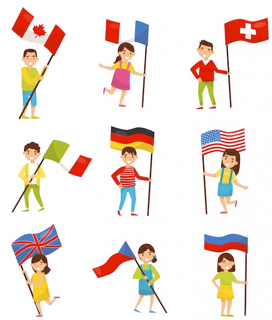 Children with national flags of different countries, holiday  elements for independence day, flag day  illustrations on a white background