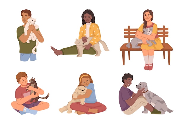 Vector children with pets hugging dogs and cats vector