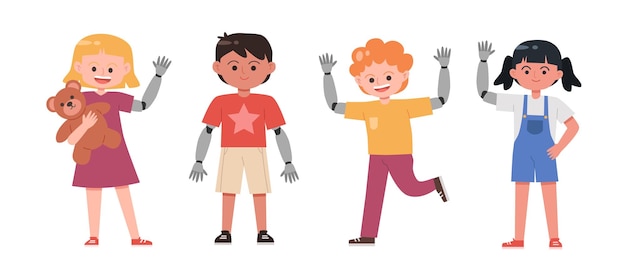 Children with prosthetic arm vector set