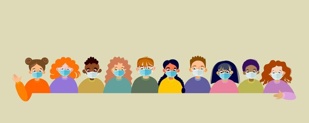 Children with protective mask flat vector illustration