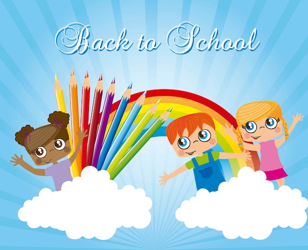 Children with rainbow and colored pencils back to school