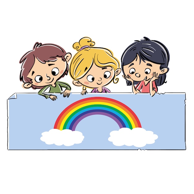 Vector children with rainbow on placard