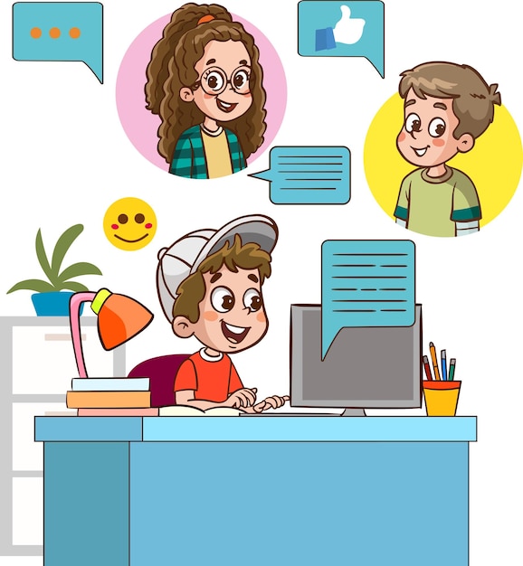 Children with social media elements on white background illustration