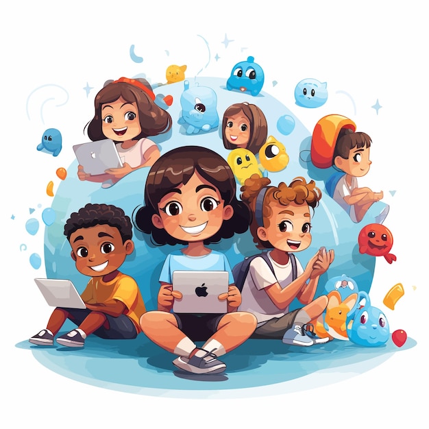 Vector children_with_social_media_elements