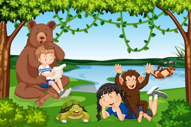 Children with wild animals scene