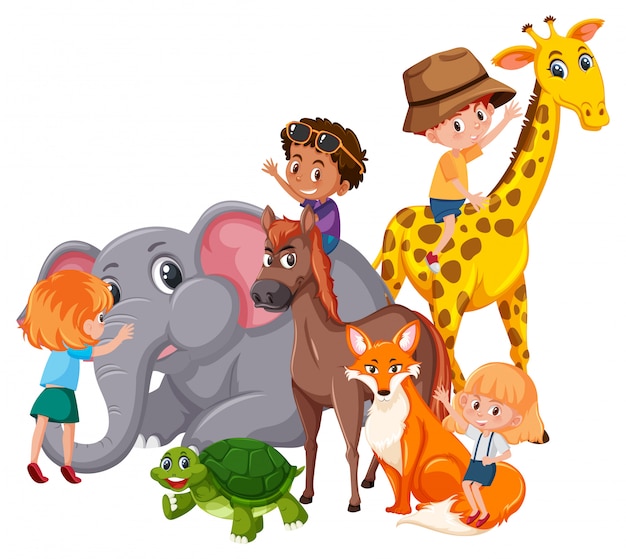 Vector children with wild animals