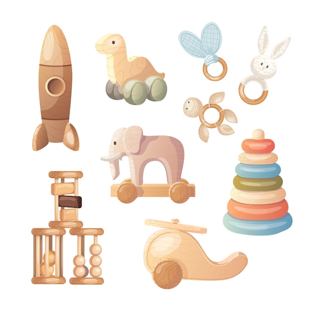 Vector children wooden toys illustrations