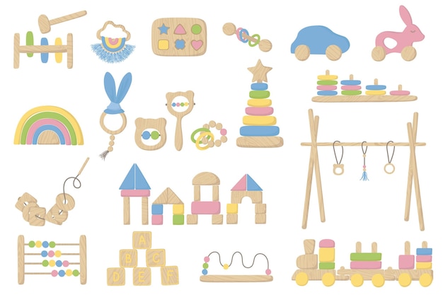 Vettore set di giocattoli in legno per bambini sistema montessori per lo sviluppo della prima infanzia