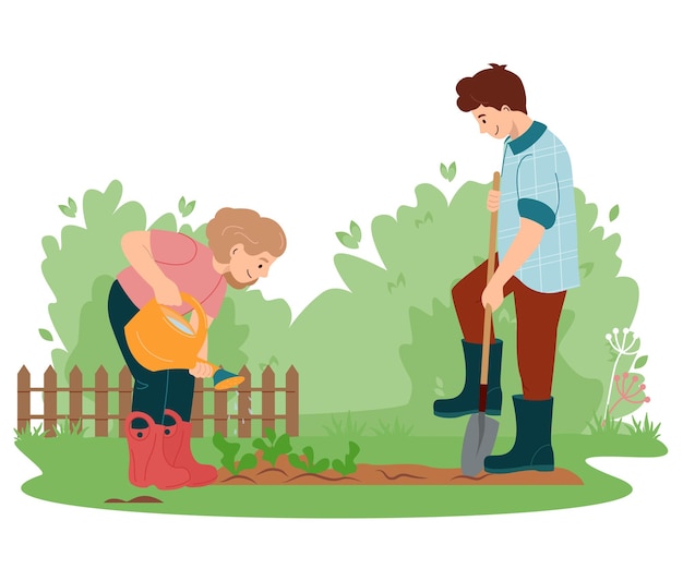 Children work together in rubber boots watering planting in spring vector illustration volunteering