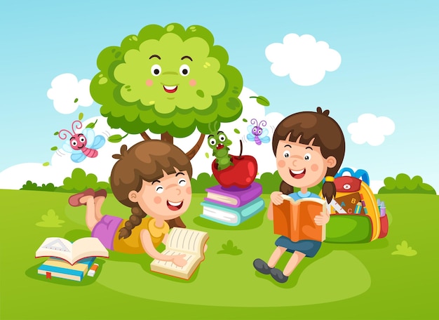 Bambini che lavorano e leggono il libro nel parco