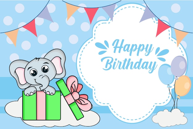 귀여운 코끼리와 풍선이 있는 Children39 생일 카드