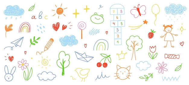 Vector children39s drawings drawn in doodle style simple cute illustration isolated on white background