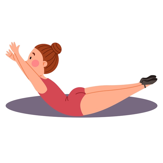 Vector childrenes sports gymnastics. the girl is lying in the boat pose. exercises for the back. vector illustration in a flat style on a white isolated background.