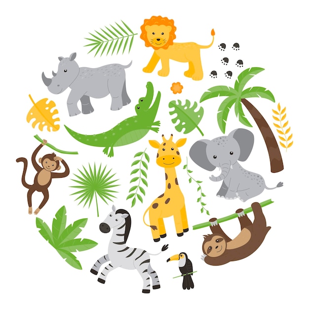 子供の背景 ジャングルの動物と植物が円状に