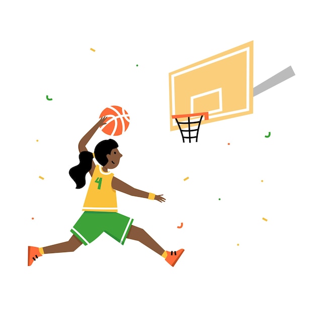 子供のバスケットボール選手権。ボールを持つバスケットボール選手。若い男の子の漫画のアクションキャラクター。