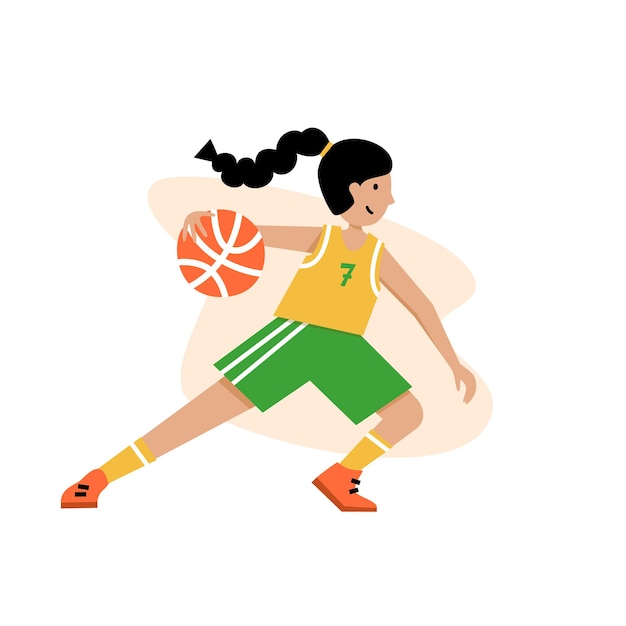 Vector childrens basketball championship. basketball player with ball. young boy cartoon action character.