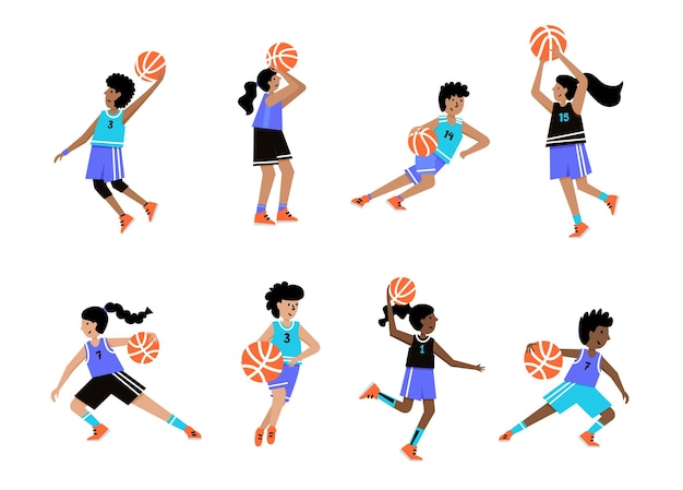 Vector childrens basketball championship. basketball player with ball. young boy cartoon action character.