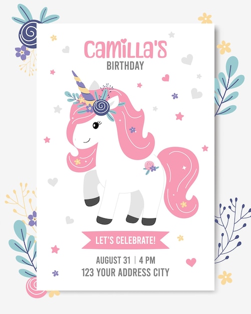 Childrens birthday invitation illustration with unicorn