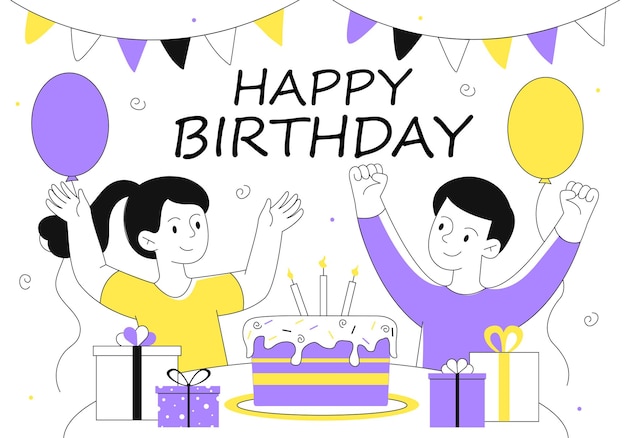 childrens birthday party line concept boy and girl with cake with candles kids with dessert and delicacy event or holiday friends near colorful ballons and flags linear flat vector illustration