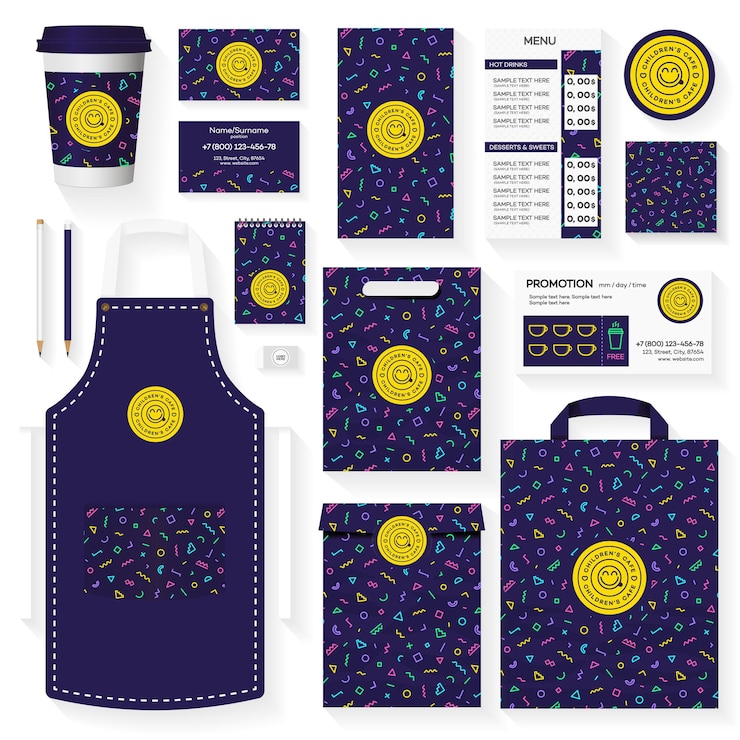 Vector childrens cafe corporate identity template design set with memphis geometric pattern restaurant cafe set card flier menu package uniform design set stock vector