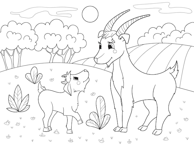 Vector childrens cartoon coloring book a family of goats in a meadow