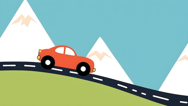 Childrens cartoon vector illustration of cars driving on the road in the mountain