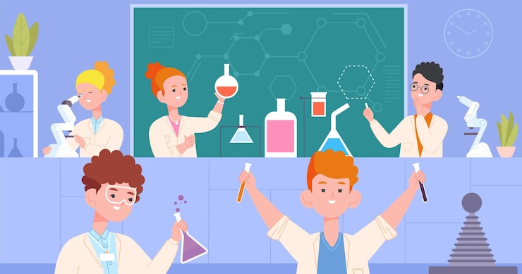 Vector childrens chemical laboratory children in school lab with chemistry solution cartoon kid scientist scientific research biology microscope experiment splendid vector illustration